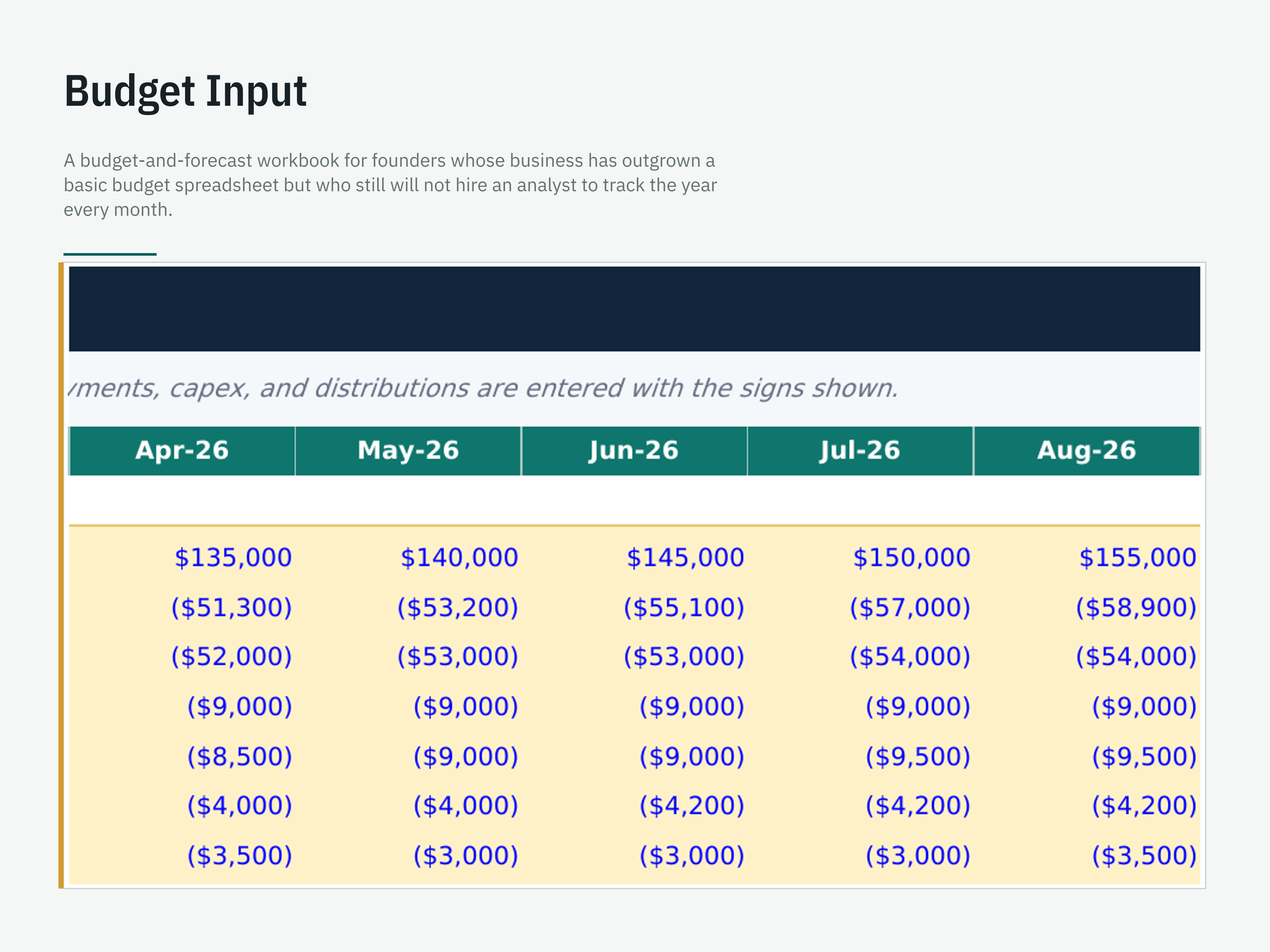 Budget vs. Actuals & Full-Year Forecast — workbook view 3 of 6 using a fictional sample company
