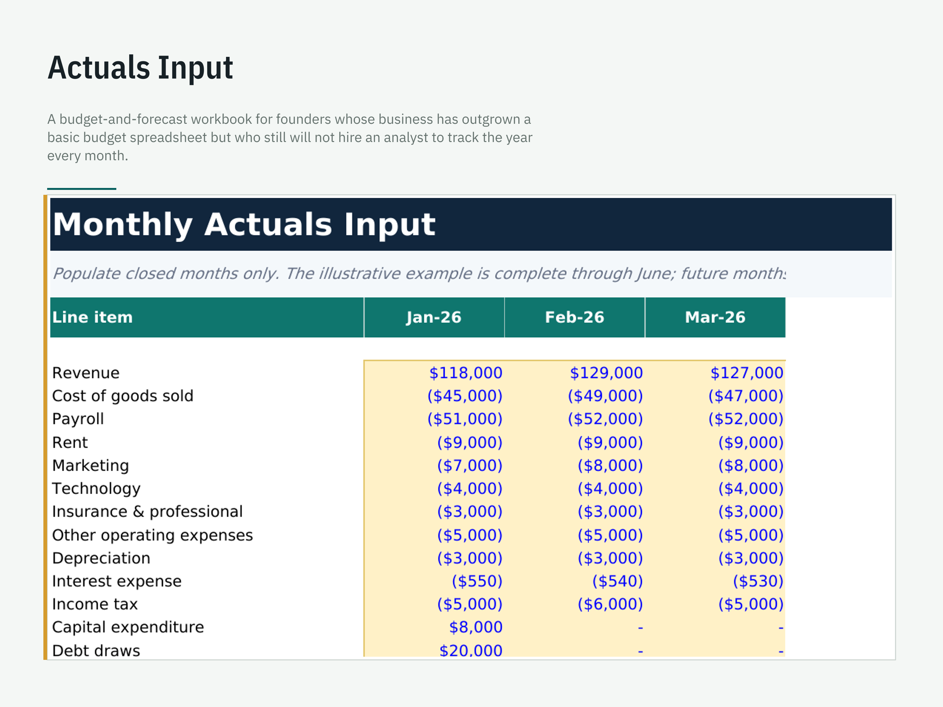 Budget vs. Actuals & Full-Year Forecast — workbook view 4 of 6 using a fictional sample company
