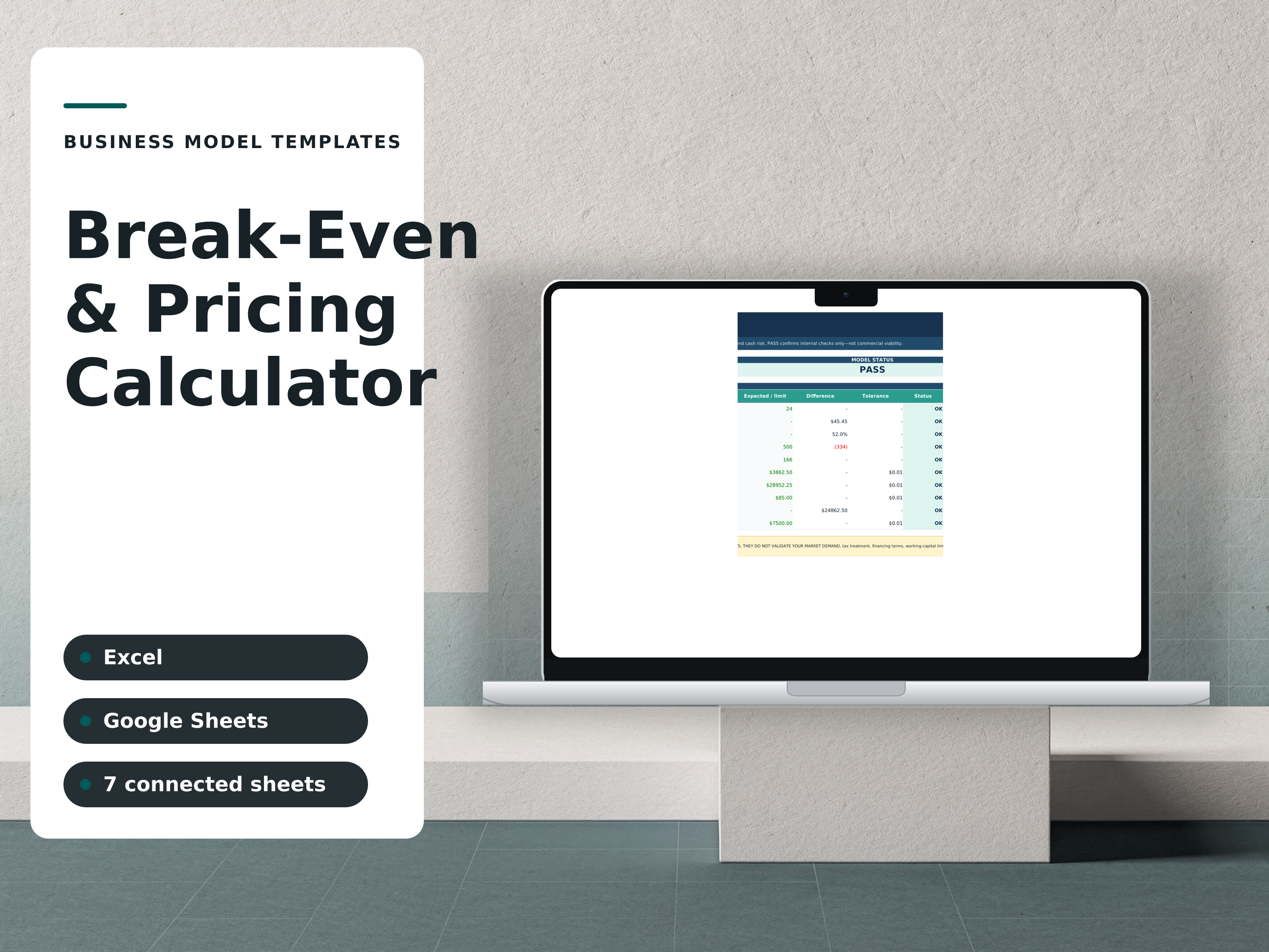 Break-Even & Pricing Calculator — composed preview of the workbook using a fictional sample company