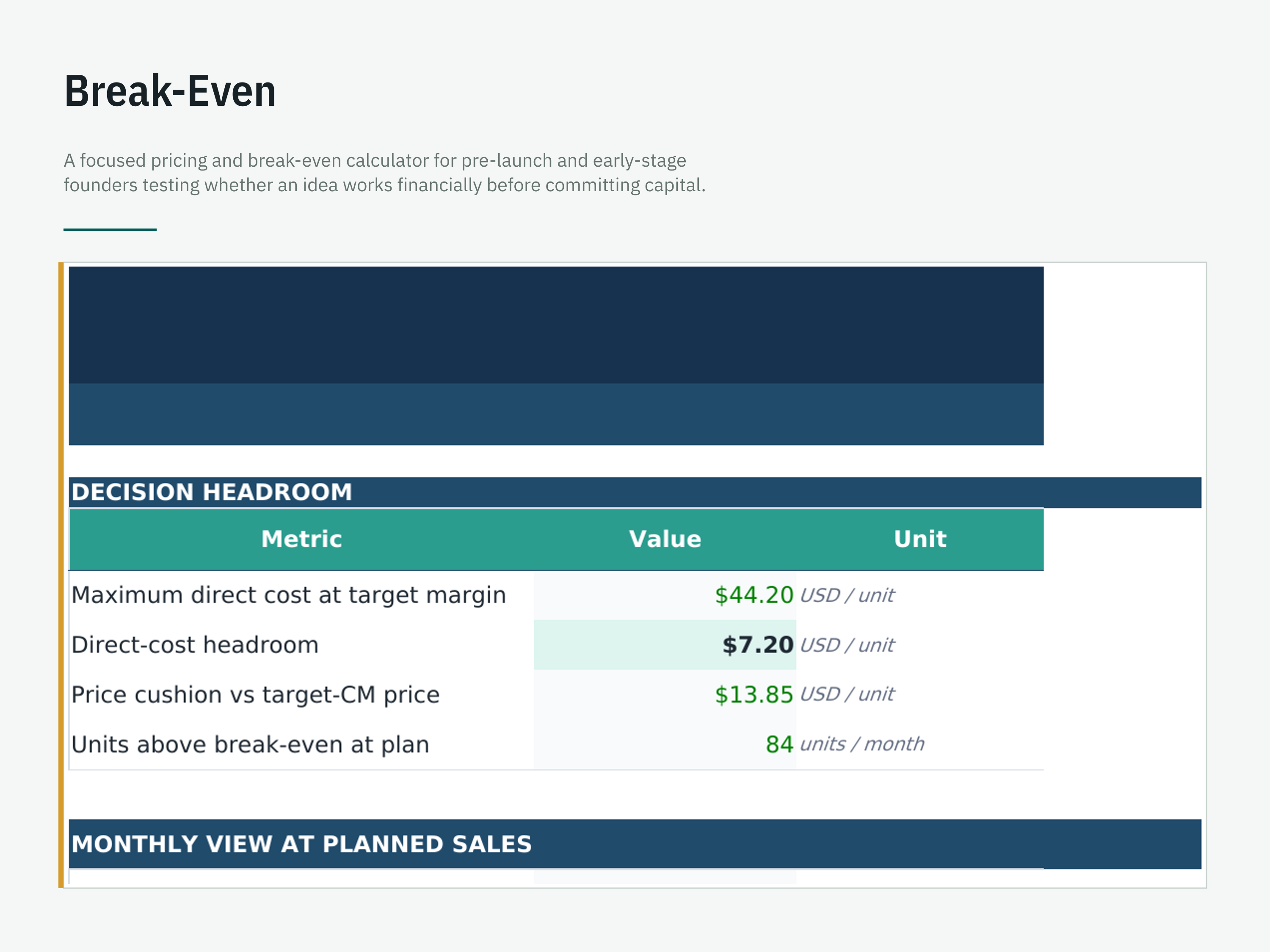 Break-Even & Pricing Calculator — workbook view 3 of 6 using a fictional sample company