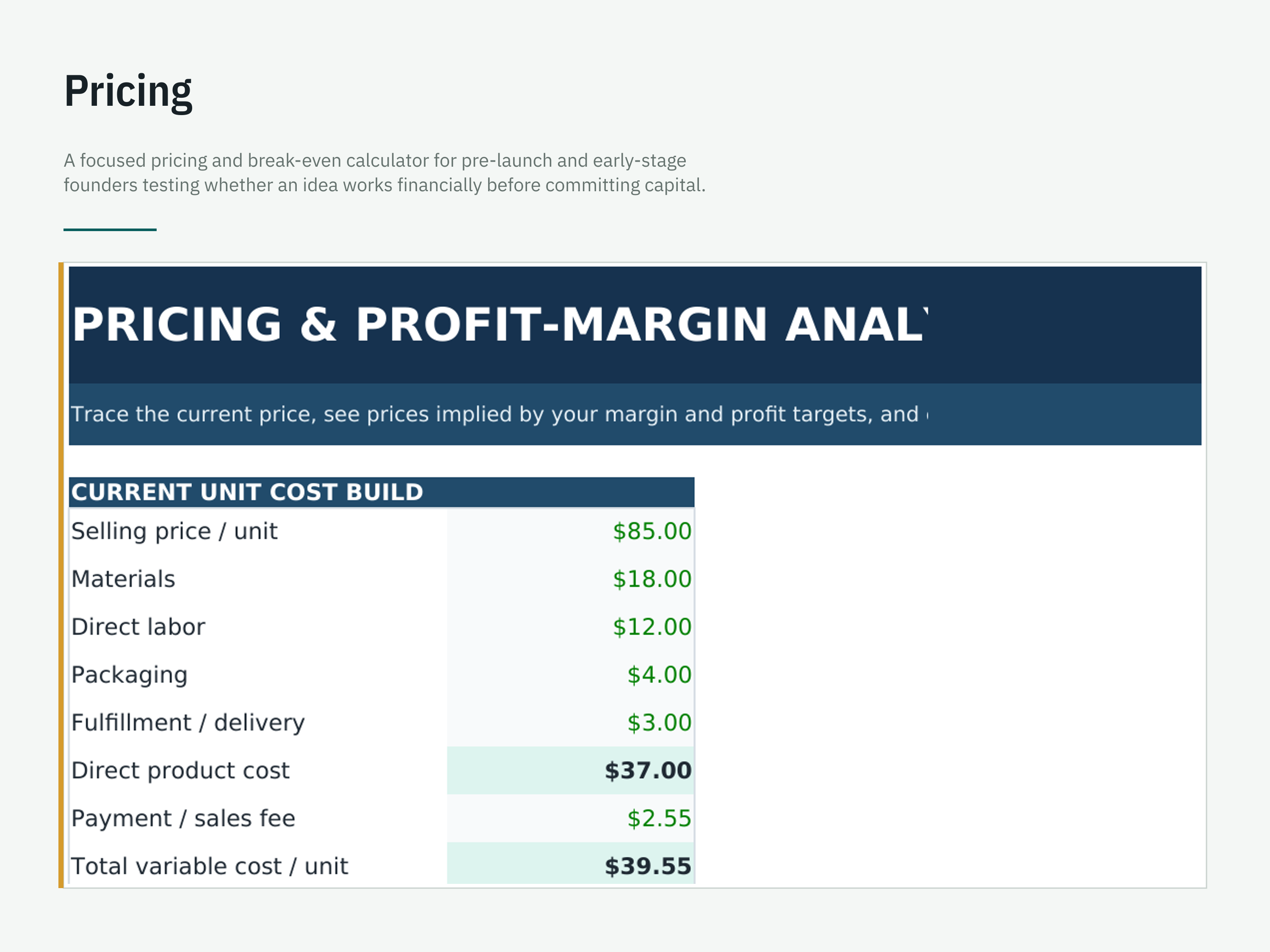 Break-Even & Pricing Calculator — workbook view 5 of 6 using a fictional sample company