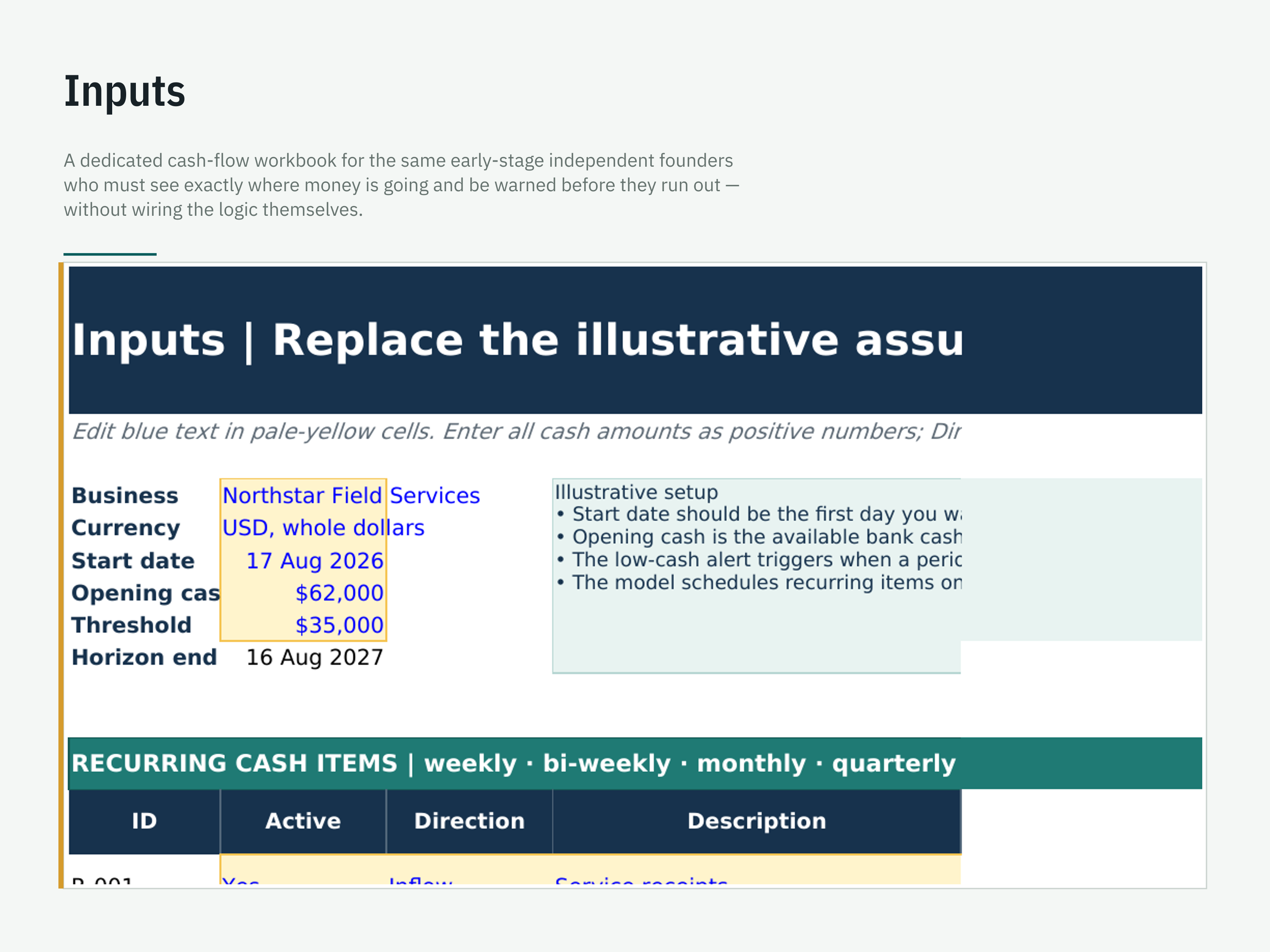 13-Week & 12-Month Cash Flow Forecast — workbook view 2 of 6 using a fictional sample company