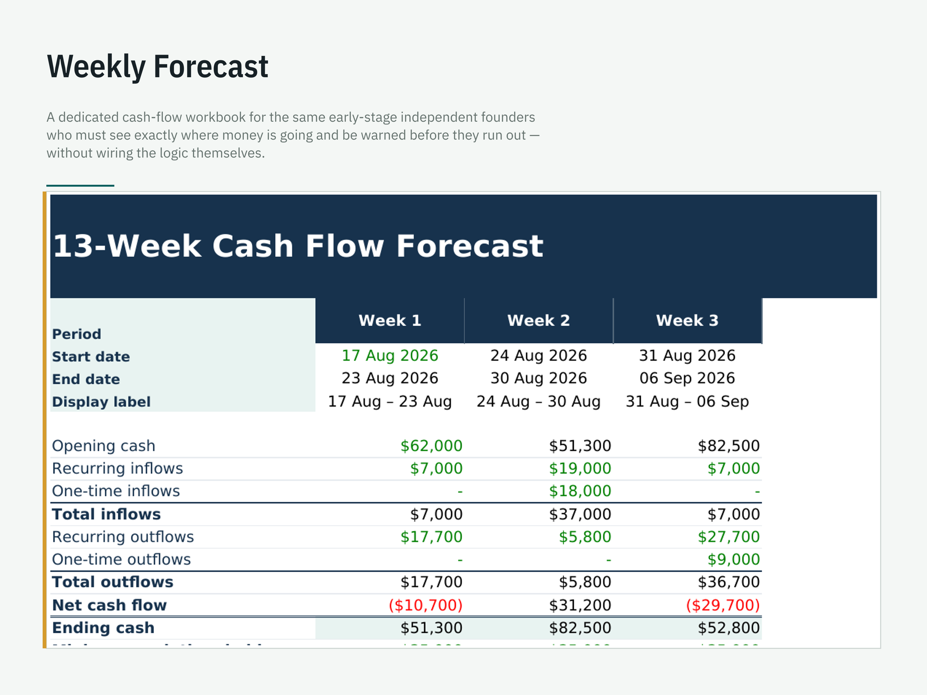 13-Week & 12-Month Cash Flow Forecast — workbook view 4 of 6 using a fictional sample company