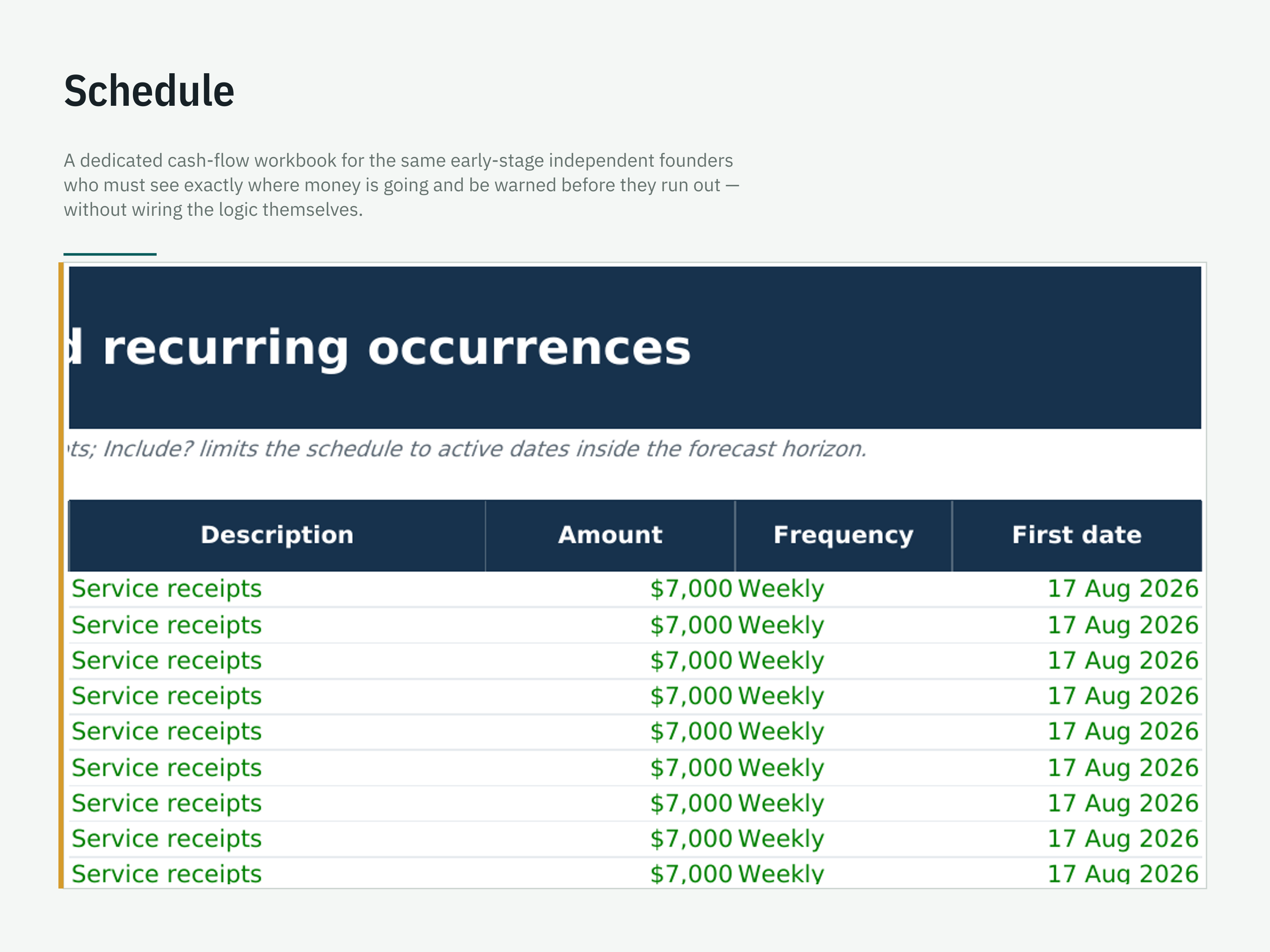 13-Week & 12-Month Cash Flow Forecast — workbook view 6 of 6 using a fictional sample company