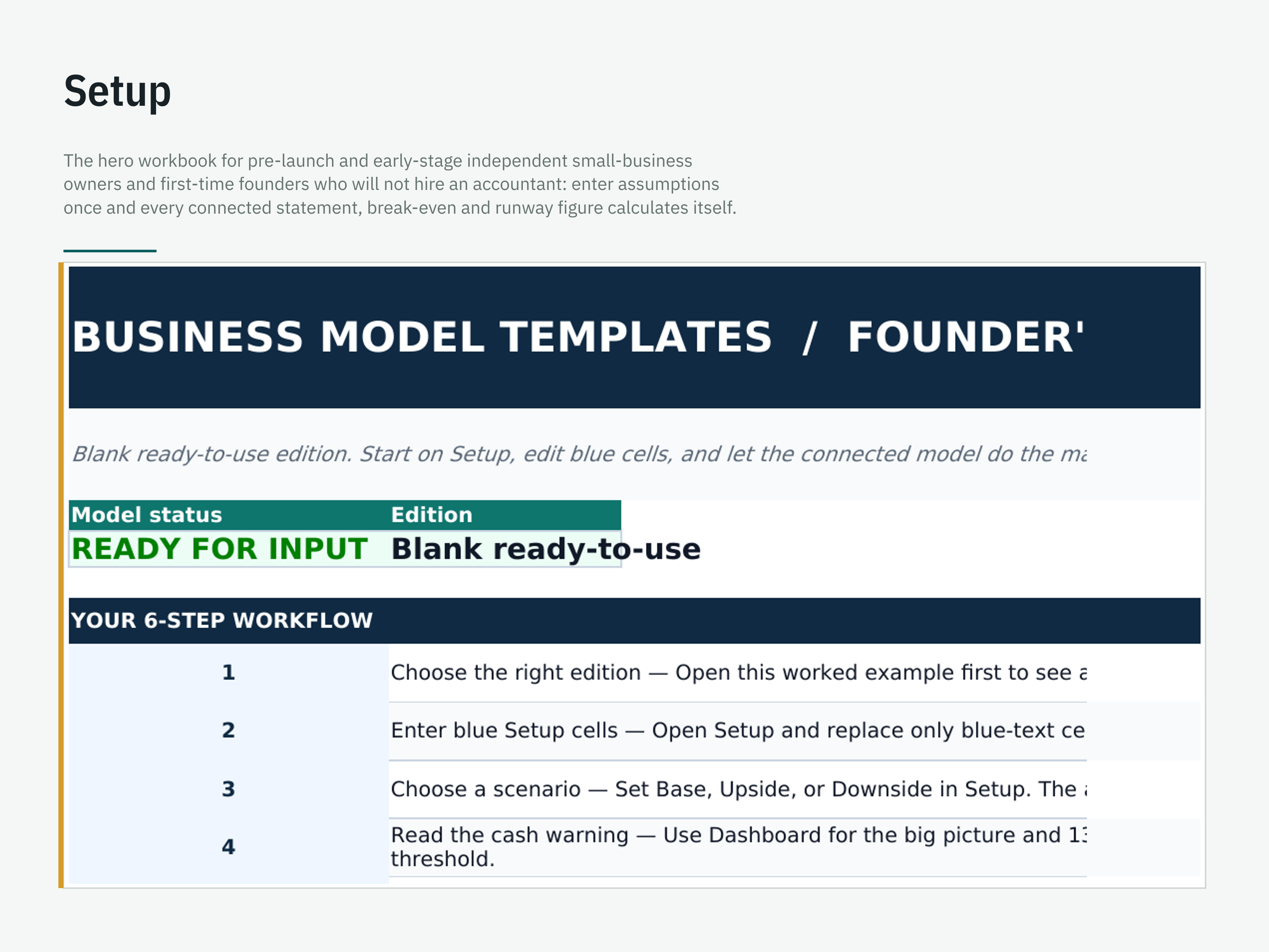 Founder's Connected Financial Model — workbook view 2 of 6 using a fictional sample company
