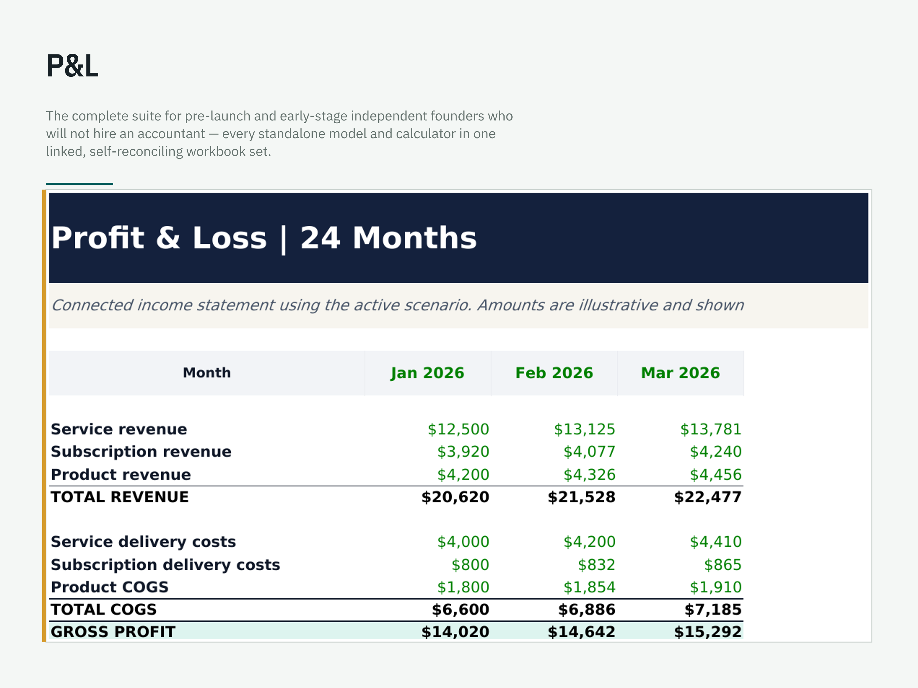 Founder's Financial Command Suite — workbook view 3 of 6 using a fictional sample company