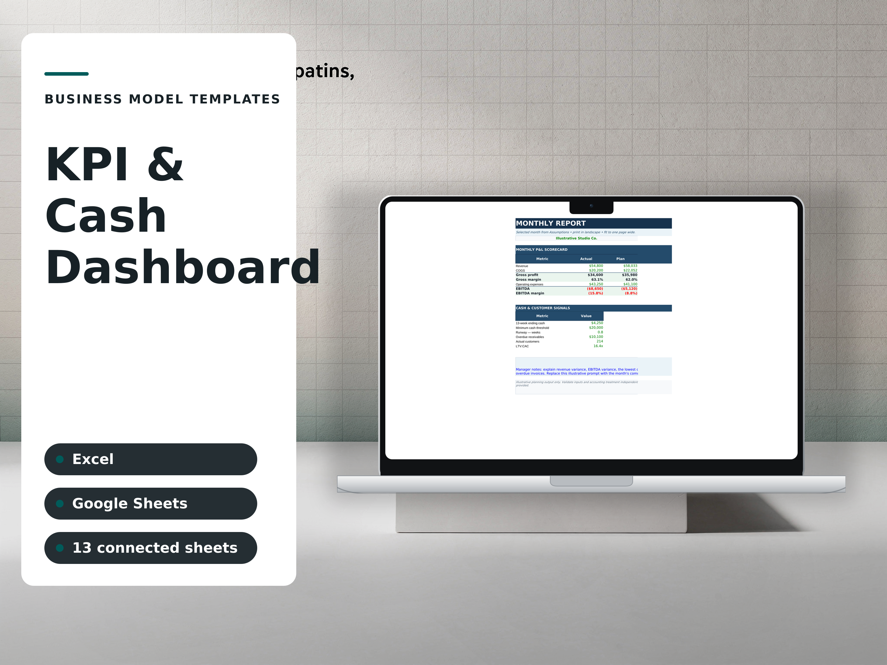 KPI & Cash Dashboard — composed preview of the workbook using a fictional sample company