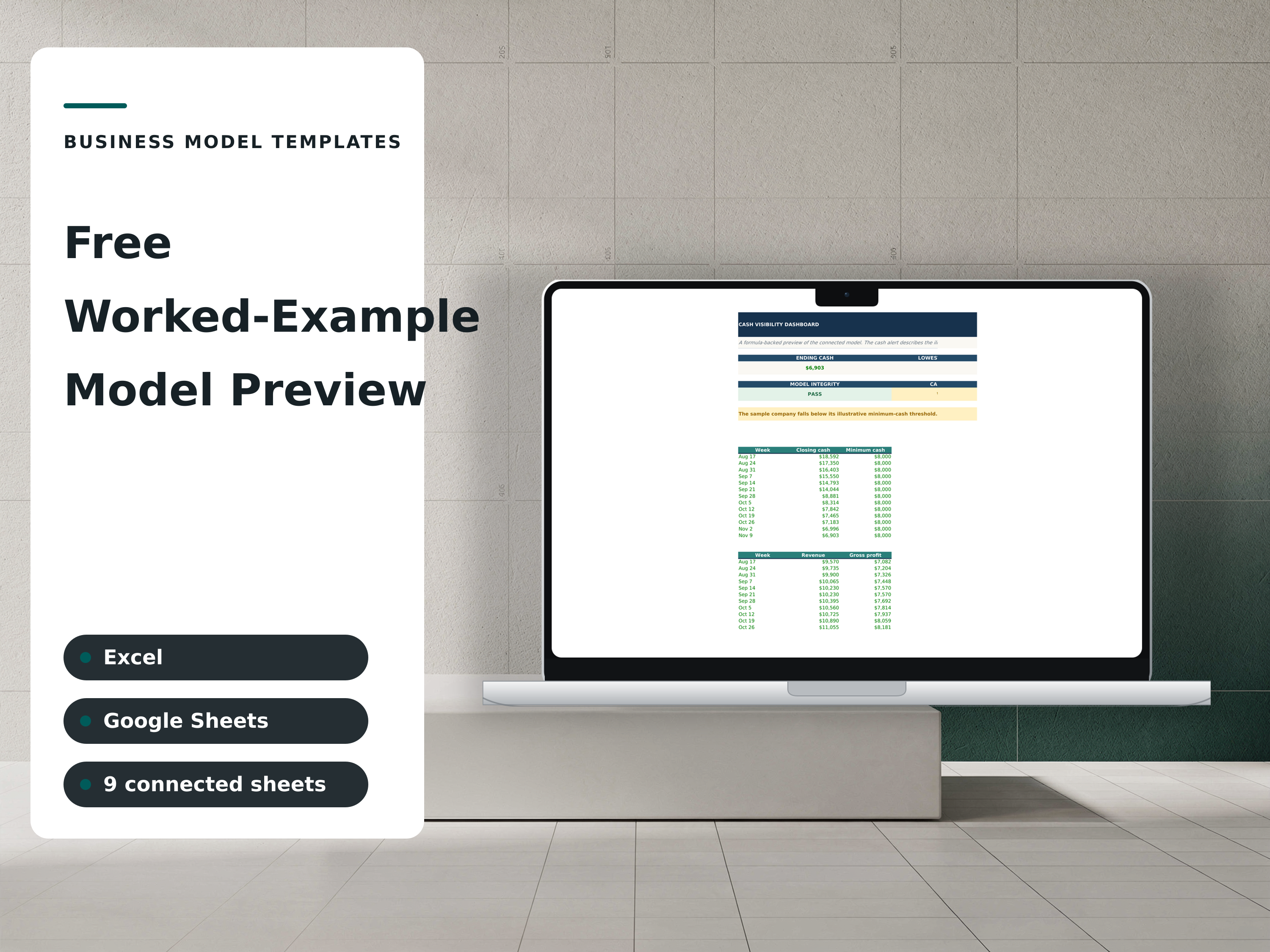 Free Worked-Example Model Preview — composed preview of the workbook using a fictional sample company